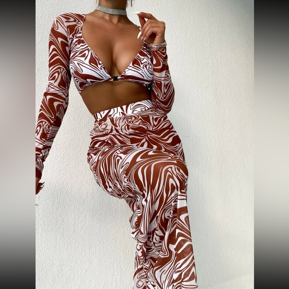 Fluid Pattern Long Sleeve Bikini Top & Cover Up Pants